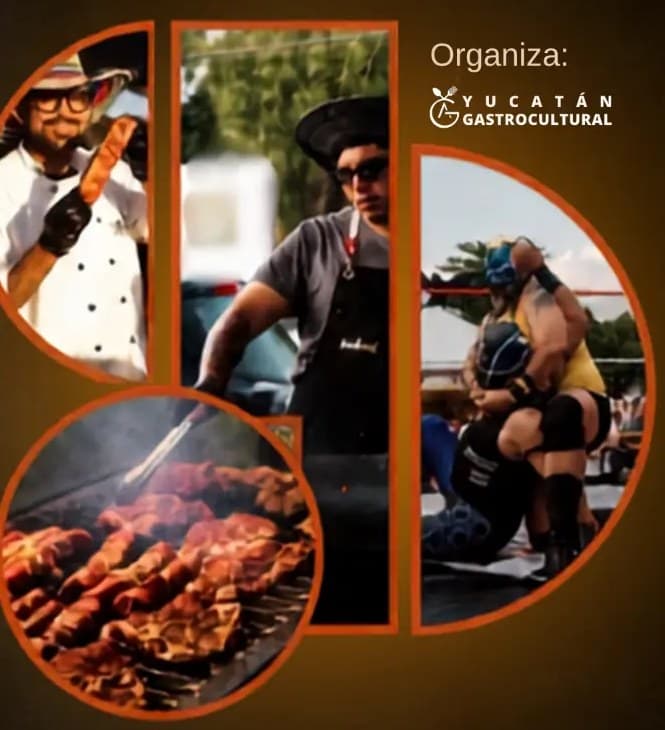 Carnívoro Fest photos: a grill master in a hat turning the meat, a cook holding a skewer, skewers browning on the grill and two wrestlers in the ring.