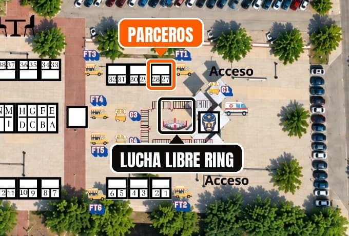 Aerial layout of Carnívoro Fest. Marked: the Parceros stand in orange (numbers 27 and 28), and right across from it the lucha libre ring, next to one of the entrances.