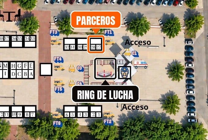 Croquis del Carnívoro Fest visto desde arriba. Marcados: el puesto de Parceros, en naranja (números 27 y 28), y justo enfrente el ring de lucha libre, junto a uno de los accesos.