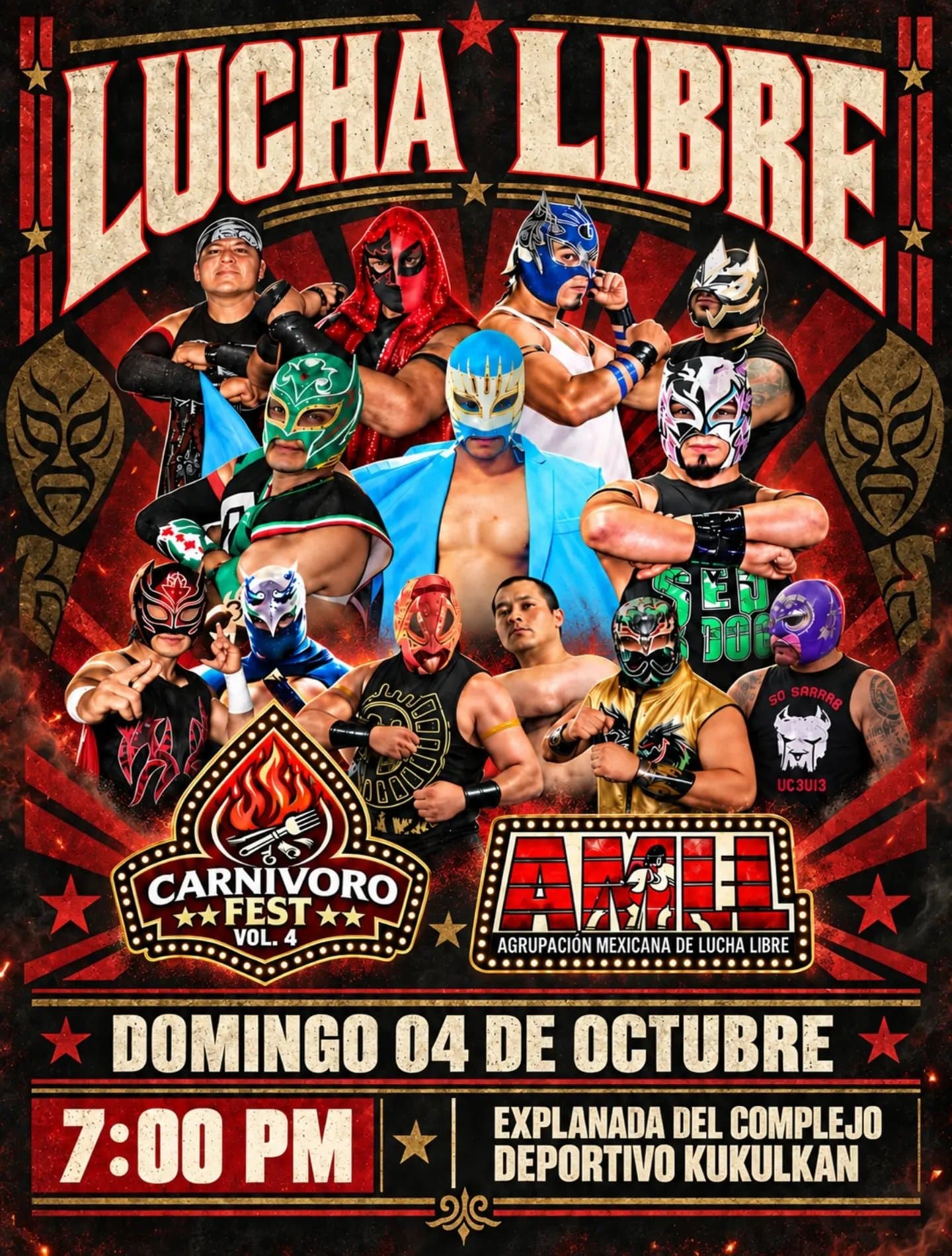 Carnívoro Fest Vol. 4 lucha libre poster with the Agrupación Mexicana de Lucha Libre: Sunday, October 4, 7:00 p.m., at the Complejo Deportivo Kukulkán esplanade.