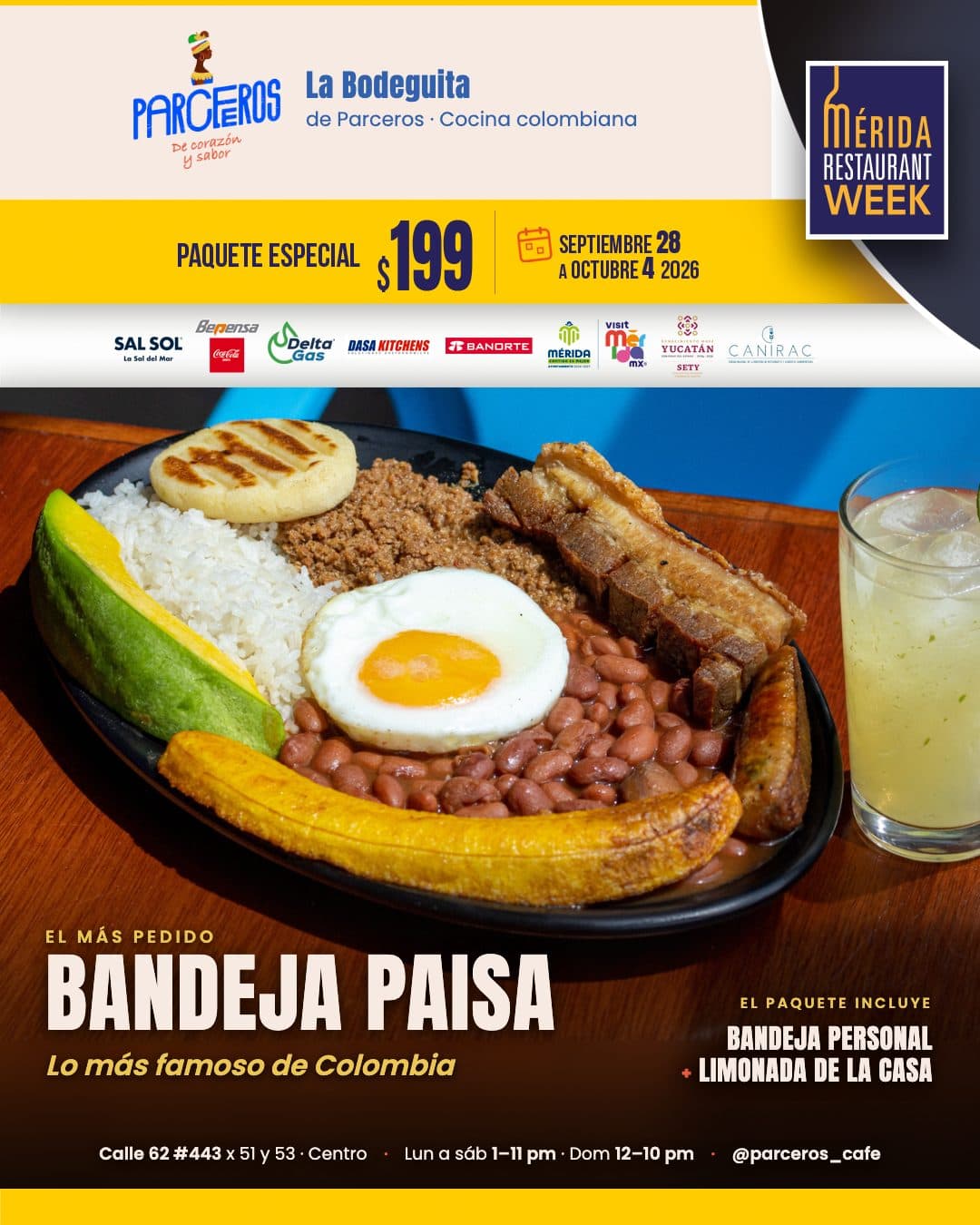 Pieza del menú de $199 de La Bodeguita de Parceros para el Mérida Restaurant Week 2026: la Bandeja Paisa con una limonada al lado, sobre la plantilla del evento con sus patrocinadores.