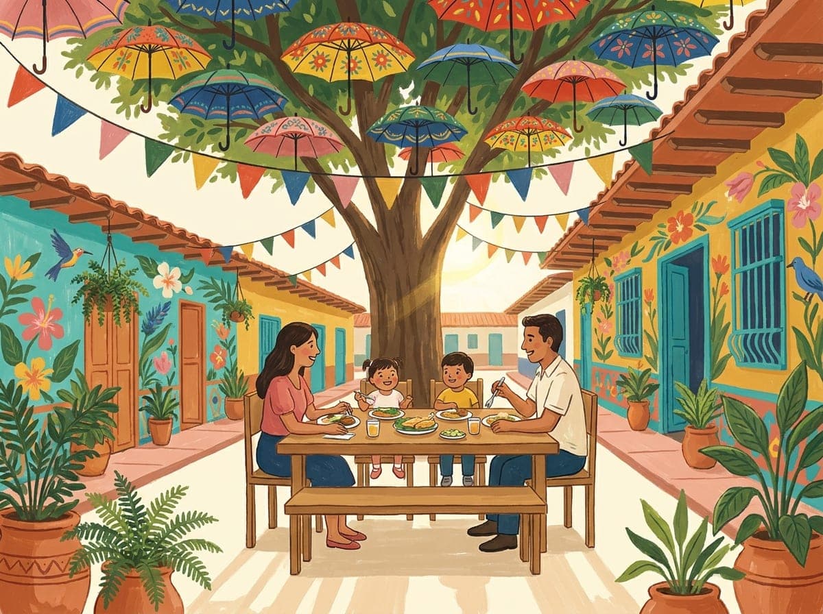 Decenas de sombrillas de colores colgando de las ramas de un árbol contra el cielo azul, con el entrepiso azul del local debajo.