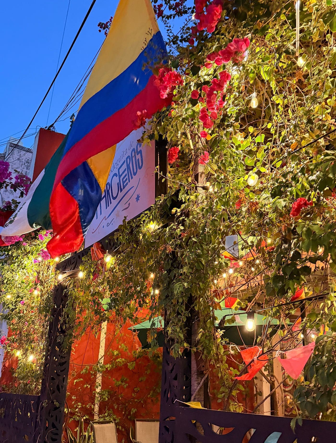 The entrance to Parceros at dusk, its sign lit up between bougainvillea.