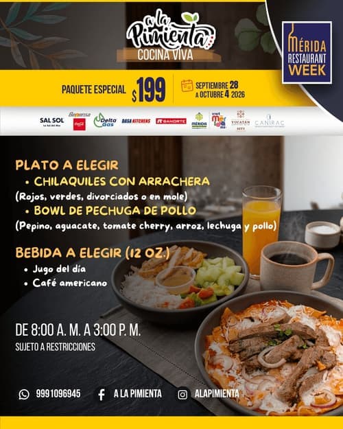 Póster del menú de Mérida Restaurant Week de A LA PIMIENTA. Bolio