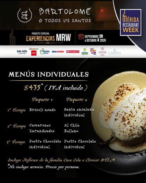 Póster del menú de Mérida Restaurant Week de BARTOLOMÉ DE TODOS LOS SANTOS