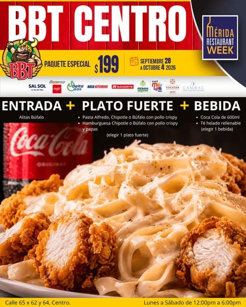Póster del menú de Mérida Restaurant Week de BBT. Centro