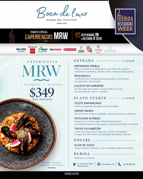 Póster del menú de Mérida Restaurant Week de BOCA DEL MAR. Avenida García Lavín