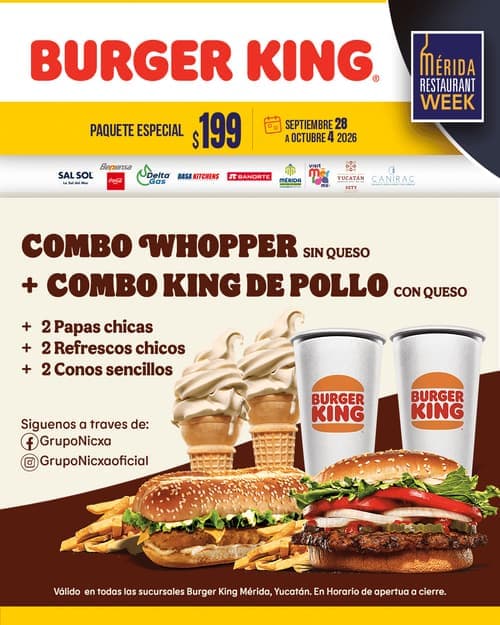 Póster del menú de Mérida Restaurant Week de BURGER KING. Itzáes