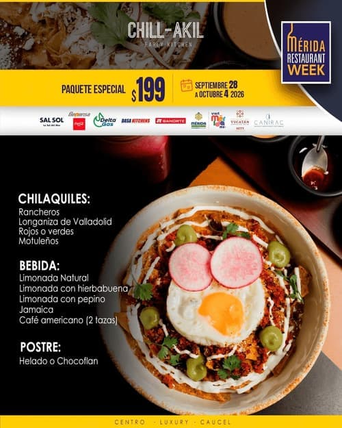 Póster del menú de Mérida Restaurant Week de CHILL-AKIL. Luxury