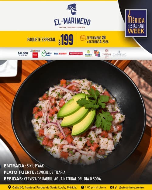 Póster del menú de Mérida Restaurant Week de EL MARINERO CANTINA. Santa Lucía