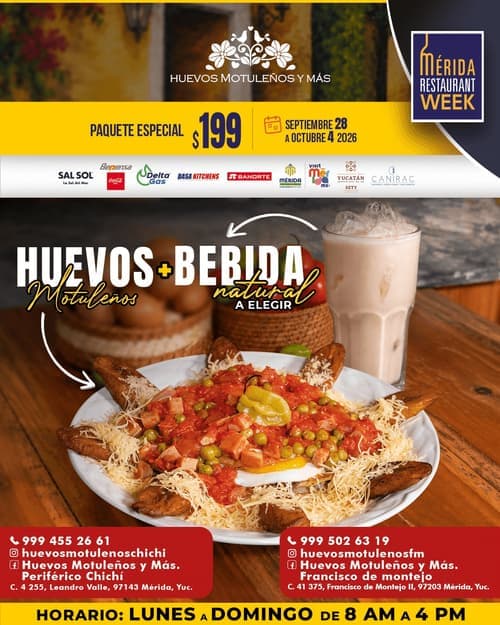 Póster del menú de Mérida Restaurant Week de HUEVOS MOTULEÑOS Y MÁS. Montejo