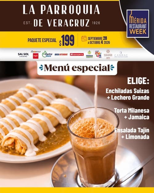 Póster del menú de Mérida Restaurant Week de LA PARROQUIA DE VERACRUZ. Caucel