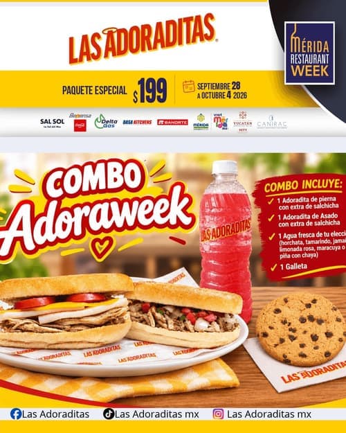 Póster del menú de Mérida Restaurant Week de LAS ADORADITAS. Macroplaza