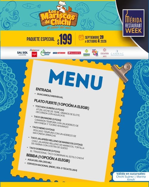 Póster del menú de Mérida Restaurant Week de LOS MARISCOS DE CHICHÍ. Progreso