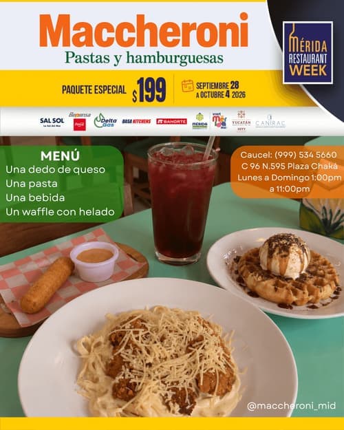 Póster del menú de Mérida Restaurant Week de MACCHERONI. Caucel
