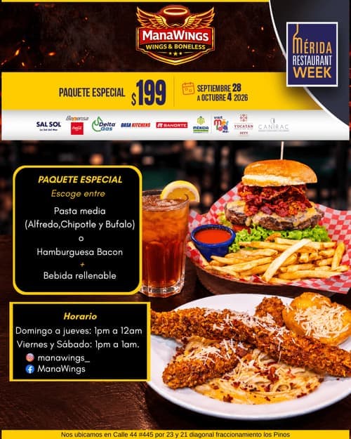 Póster del menú de Mérida Restaurant Week de MANAWINGS