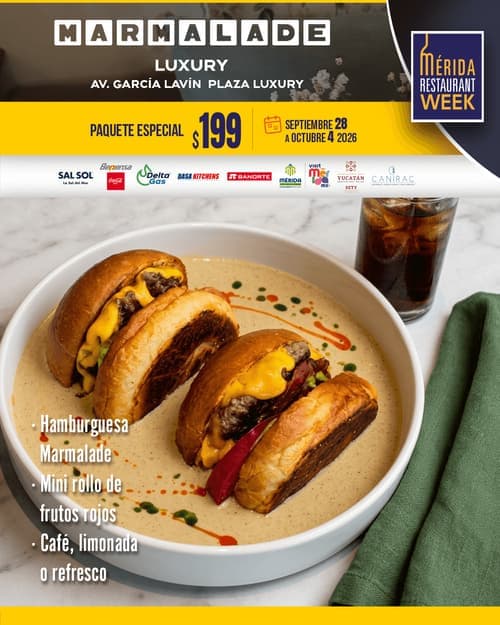 Póster del menú de Mérida Restaurant Week de MARMALADE. Luxury