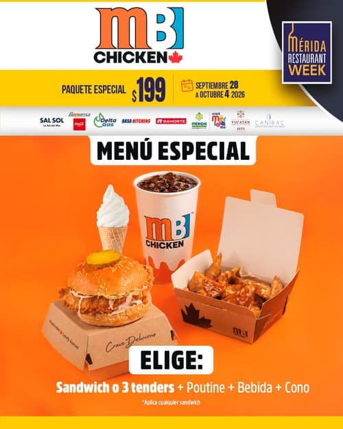 Póster del menú de Mérida Restaurant Week de MB CHICKEN. Xcanatún