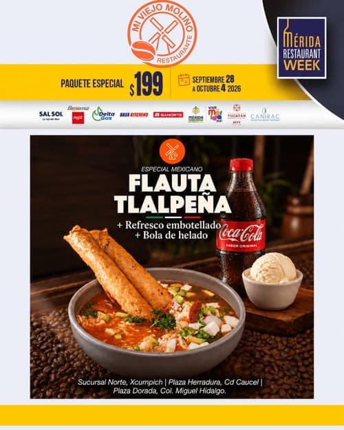 Póster del menú de Mérida Restaurant Week de MI VIEJO MOLINO. Dorada