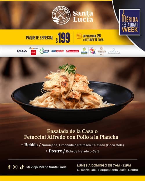 Póster del menú de Mérida Restaurant Week de MI VIEJO MOLINO. Santa Lucía