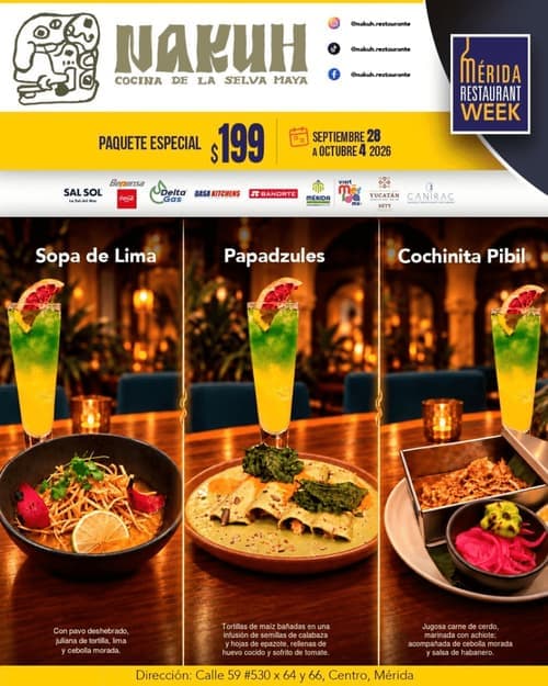 Póster del menú de Mérida Restaurant Week de NAKUH. Centro