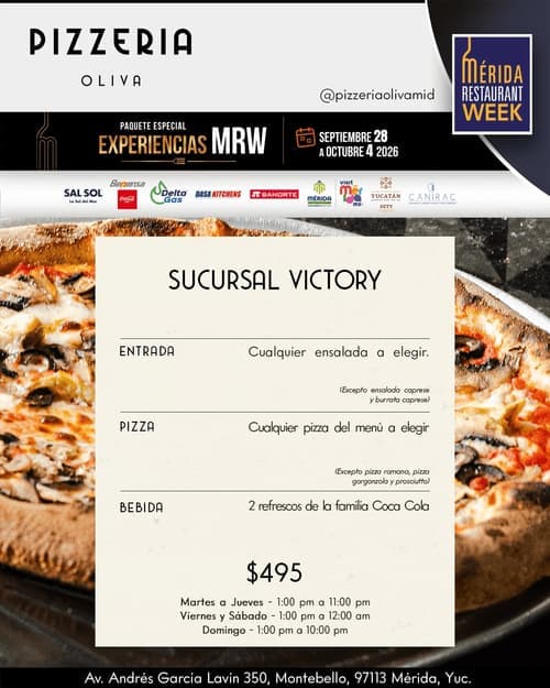 Póster del menú de Mérida Restaurant Week de OLIVA PIZZERIA Victory Platz