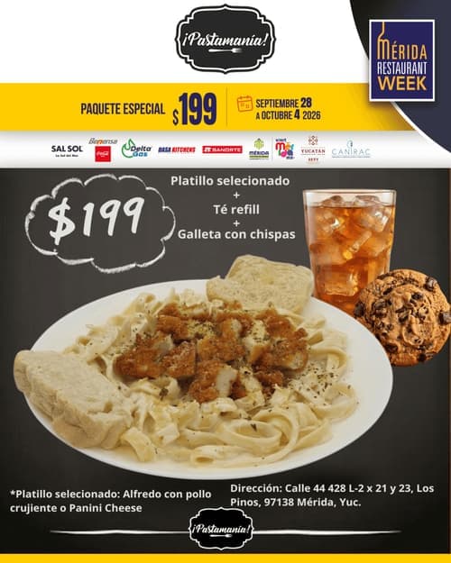 Póster del menú de Mérida Restaurant Week de ¡PASTAMANÍA!. Los pinos