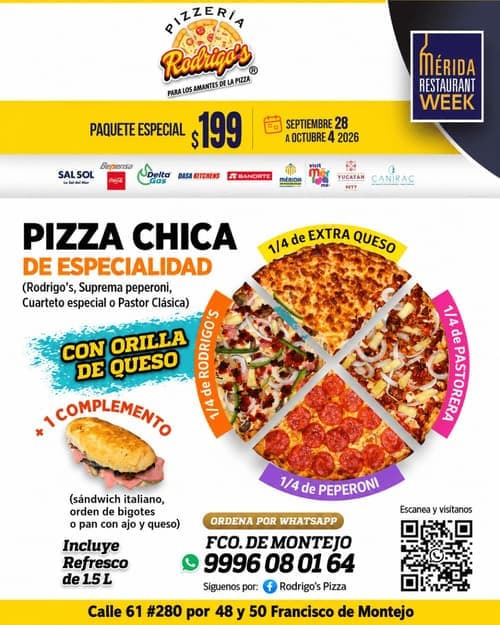 Póster del menú de Mérida Restaurant Week de PIZZERIA RODRIGO’S. Fco de Montejo