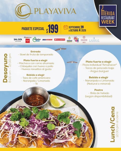 Póster del menú de Mérida Restaurant Week de PLAYAVIVA. Telchac