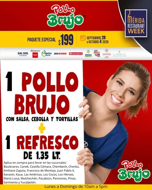 POLLO BRUJO. Las Américas — Mérida Restaurant Week menu poster