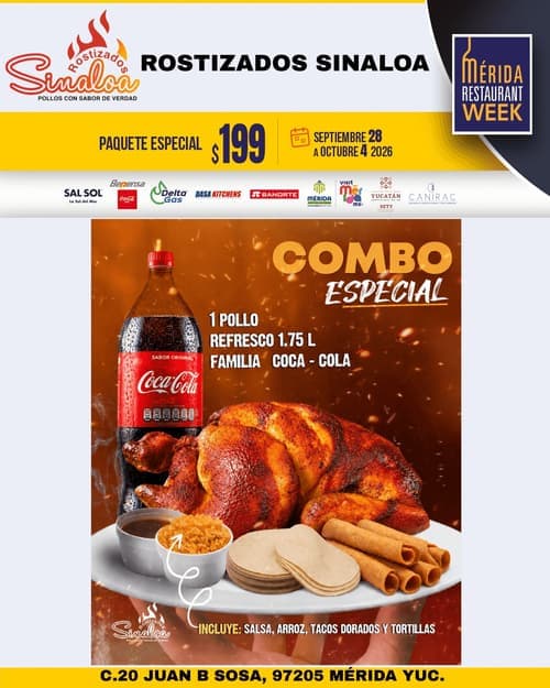 Póster del menú de Mérida Restaurant Week de ROSTIZADOS SINALOA. Juan B Sosa