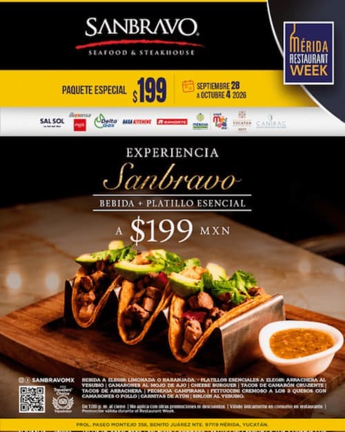 Póster del menú de Mérida Restaurant Week de SANBRAVO. Mérida