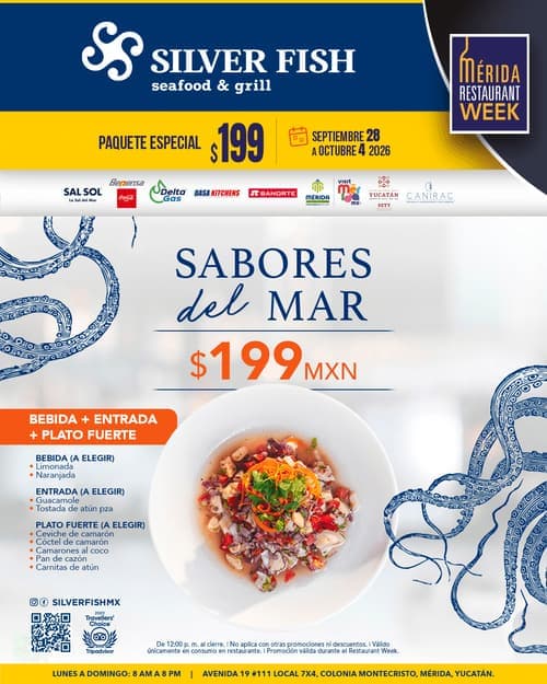 Póster del menú de Mérida Restaurant Week de SILVER FISH