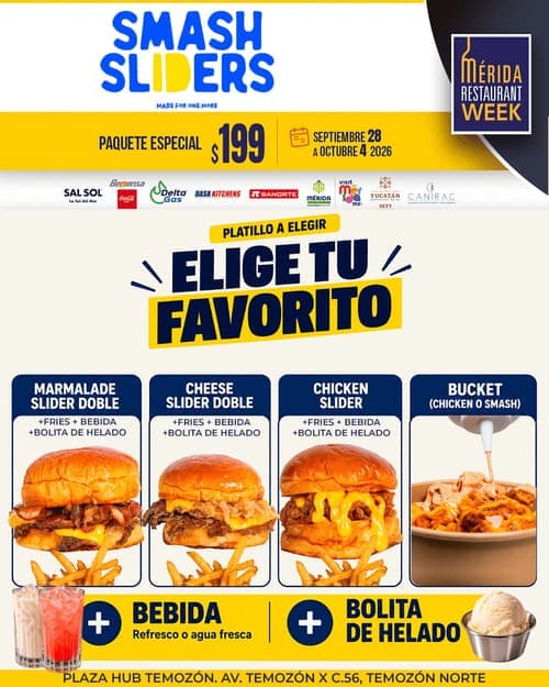 Póster del menú de Mérida Restaurant Week de SMASH SLIDERS. Plaza Hub Temozón