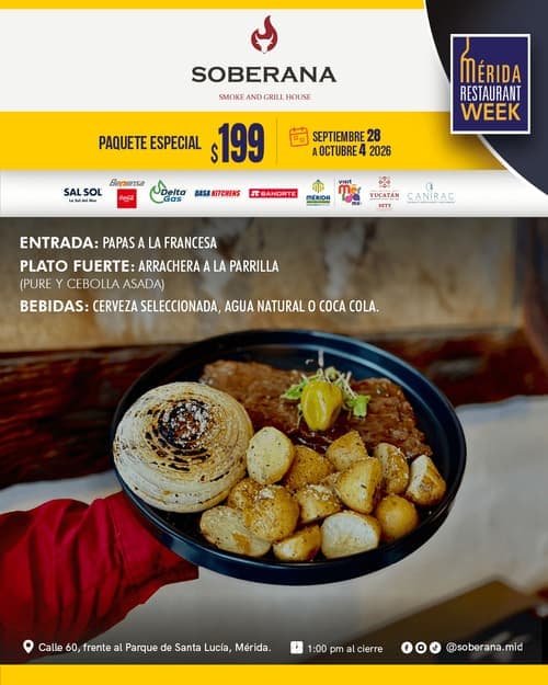 Póster del menú de Mérida Restaurant Week de SOBERANA SMOKE AND GRILL HOUSE. Santa Lucía