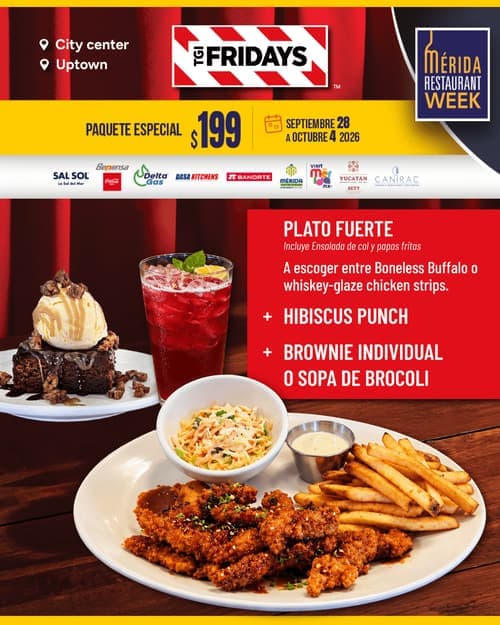 Póster del menú de Mérida Restaurant Week de TGI FRIDAYS. City center