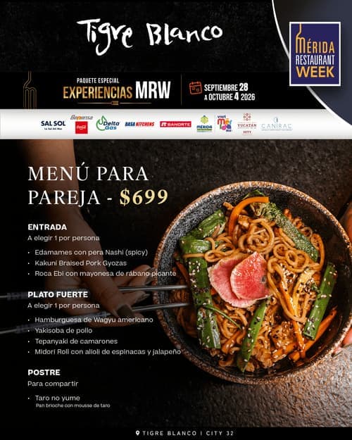 Póster del menú de Mérida Restaurant Week de TIGRE BLANCO. City 32