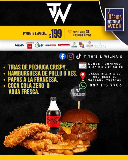 Póster del menú de Mérida Restaurant Week de TITO'S & WILMA'S