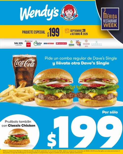 Póster del menú de Mérida Restaurant Week de WENDY'S. Caucel