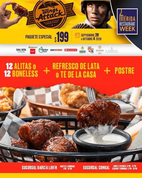 Póster del menú de Mérida Restaurant Week de WINGS ATTACK. Mid