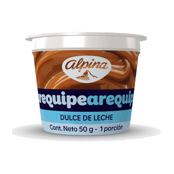 Arequipe Alpina (50 g): Dulce de leche colombiano, en su vasito de una porción.